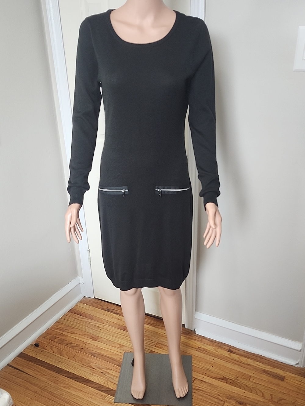 Andrew Marc Black Long-Sleeve Knit Dress with Zip Pocket Accents